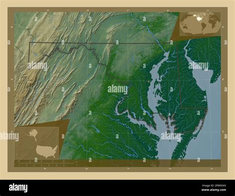 Maryland, state of United States of America. Colored elevation map with ...