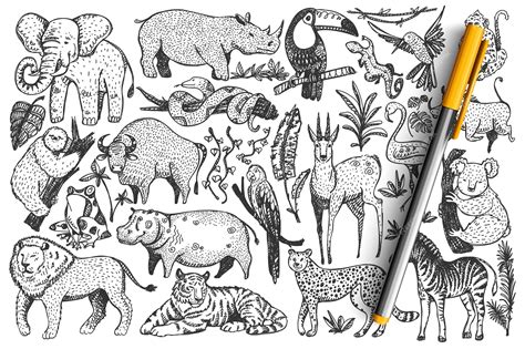 Premium Vector | Animals doodle set. collection of funny hand drawn ...