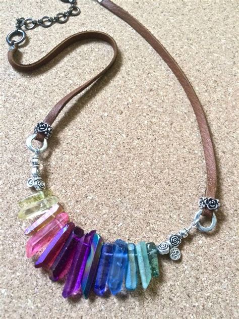 gemstone show- raw gemstone crystal choker multicolor titanium quartz points silver thai beads ...