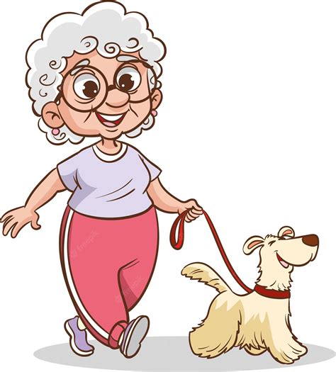 Premium Vector | Old woman walking her dog They walk in the park Best friends Vector graphic