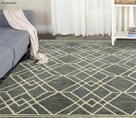 Buy Grey Loop Pile-Cut Pile Geometric Hand-Tufted Wool Cotton Floor ...