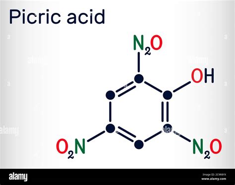 Picric acid ( 2,4,6-trinitrophenol, TNP, C6H3N3O7) molecule. It has a role as an explosive, an ...