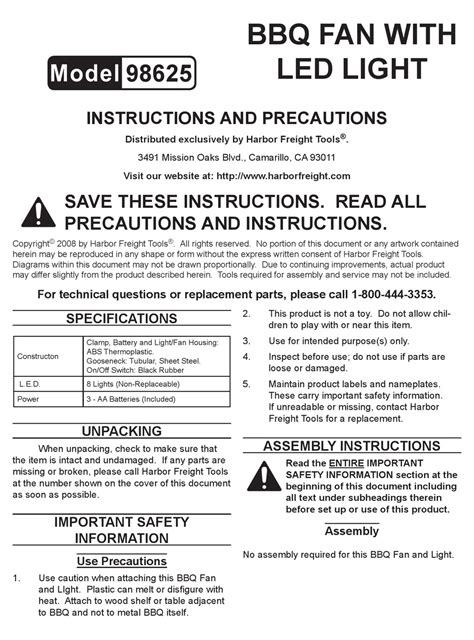 HARBOR FREIGHT TOOLS 98625 INSTRUCTIONS AND PRECAUTIONS Pdf Download | ManualsLib