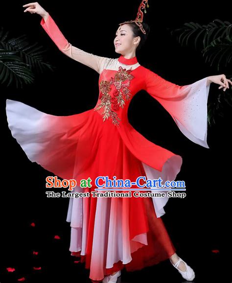 Traditional Fan Dance Classical Dance Red Dress Chinese Folk Dance ...