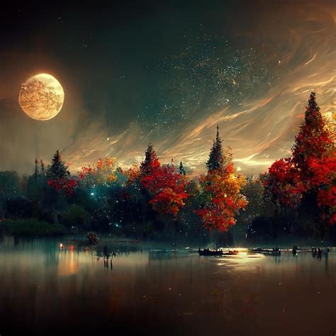 Premium Photo | Amazing autumn landscape at night in moonlight idyllic ...