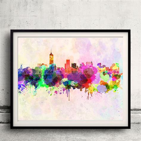 Manhattan Skyline in Watercolor Background Poster Digital Wall Art Illustration Print Art ...