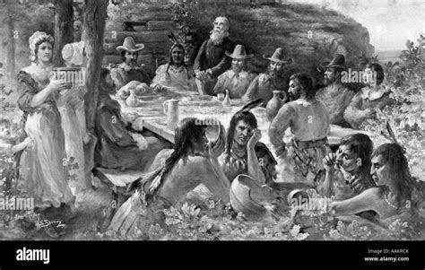 THE FIRST THANKSGIVING DECEMBER 13 1621 PILGRIMS SHARING HARVEST MEAL WITH NATIVE AMERICAN ...