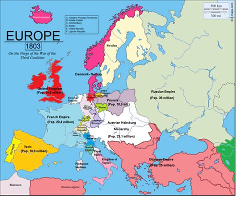 Europe 1803 on the verge of the War of the Third Coalition and showing population of Great ...