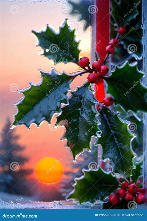 Christmas Holly on a Frosted Window, during a Sunrise. Generative AI ...