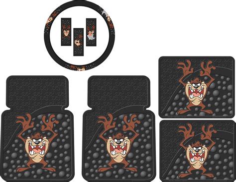 5pc Looney Tunes Cartoon Tasmanian Devil Taz Car Truck SUV Front Rear Floor Mats & Steering ...