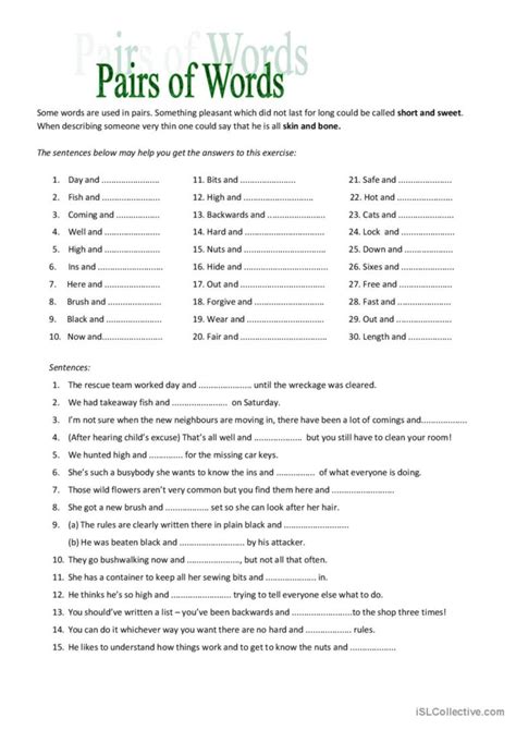 Word Pairs: English ESL worksheets pdf & doc