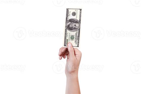 Hand below shows money 100 dollar bill. Money in a hand isolated on png transparent background ...