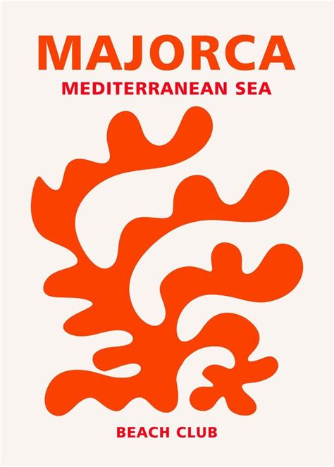 an orange and white poster with the words majorca mediterranean sea beach club on it