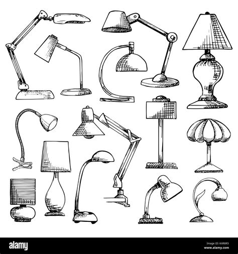 Set lamps isolated on white background. Vector illustration in a sketch ...
