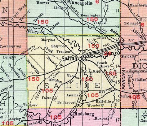 Saline County, Kansas, 1911, Map, Salina, Brookville, Gypsum