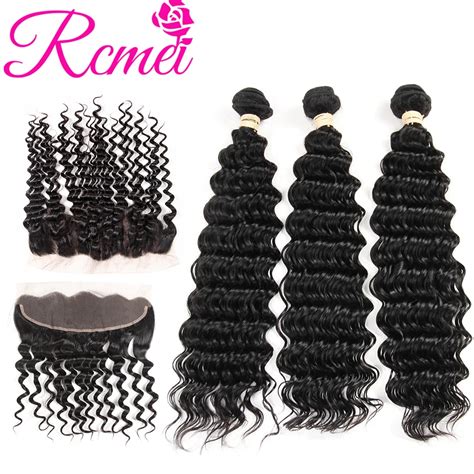 Rcmei Human Remy Hair Bundles With frontal Closure 3 Bundles Peruvian ...