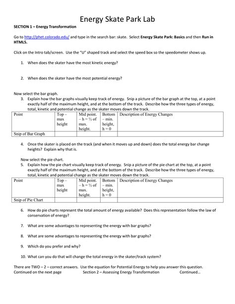 Phet Energy Skate Park Worksheet Answers