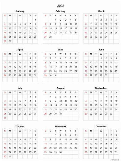 Printable Yearly Calendar 2022, Full-year | Free Printable Calendars