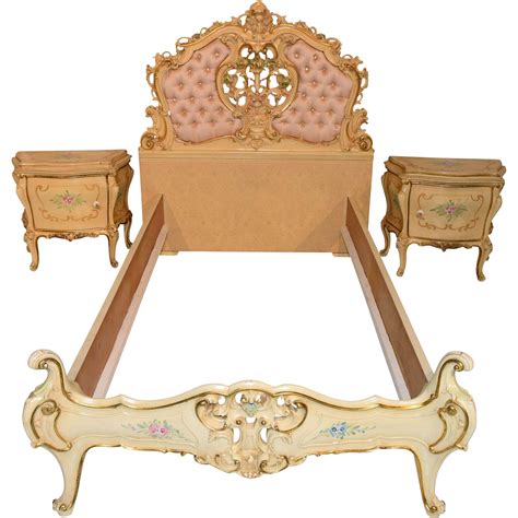 Vintage Italian Bedroom Painted Bed Two Night Stands Baroque Design Floral Patterns www.rubylane ...