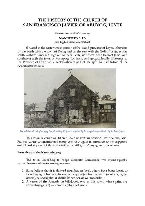 (PDF) THE HISTORY OF THE CHURCH OF SAN FRANCISCO JAVIER OF ABUYOG ...