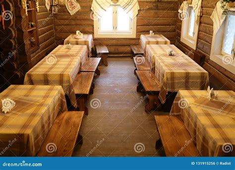 Interior of log restaurant stock photo. Image of cafe - 131915256