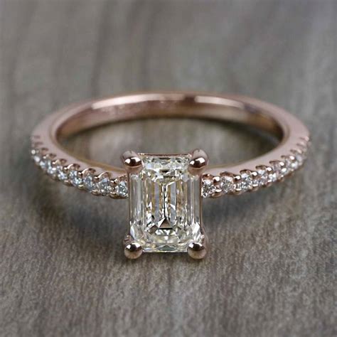 Pretty Pave Rose Gold Engagement Emerald Cut Diamond Ring