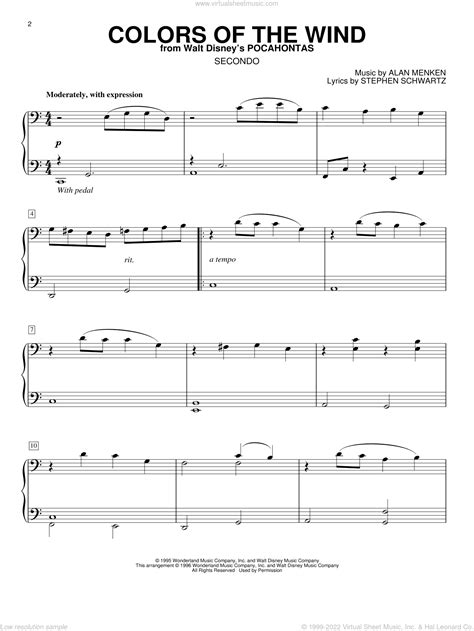 Menken - Colors Of The Wind sheet music for piano four hands