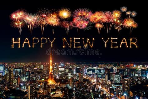 Happy New Year Fireworks Over Tokyo Cityscape at Night, Japan Stock Photo - Image of gold ...