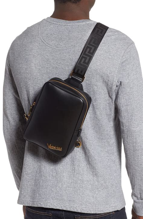 Versace Logo Leather Sling Bag in Black for Men - Lyst