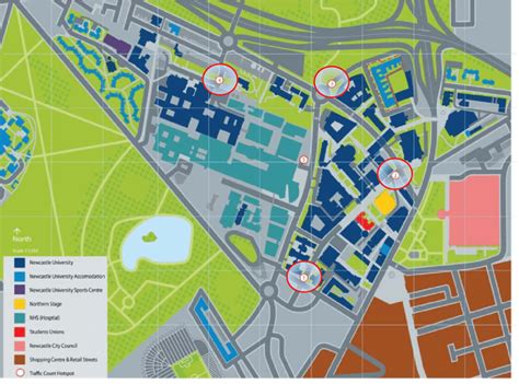 Main campus of Newcastle University with traffic count points numbered ...