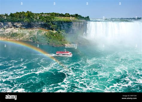 Beautiful Niagara Falls in summer on a clear sunny day with rainbow, view from Canadian side ...