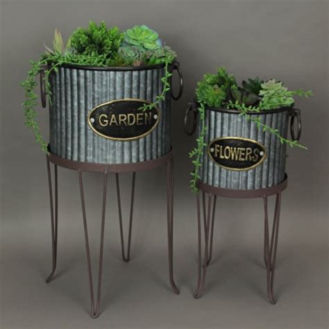 Set of 2 Rustic Corrugated Galvanized Metal Round Flower Pot Garden ...