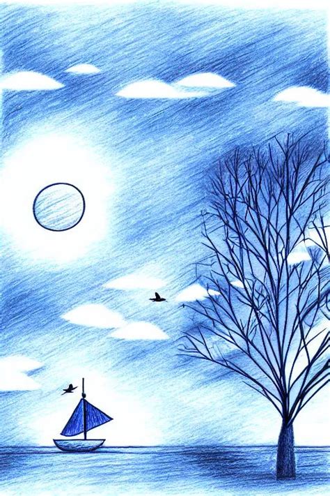 morning time, blue river, pencil drawing, blue sky s...