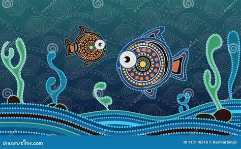 Aboriginal Dot Art Painting with Fish. Underwater Concept, Landscape Background Wallpaper Vector ...