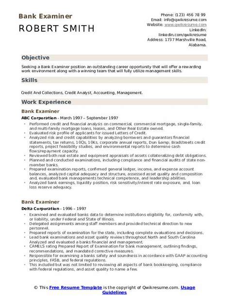 Bank Examiner Resume Samples | QwikResume