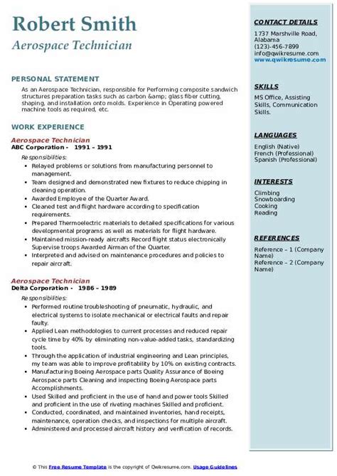 Aerospace Technician Resume Samples | QwikResume