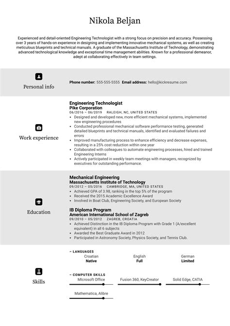 Ejemplo de curriculum vitae de tecnólogo en ingeniería | Kickresume