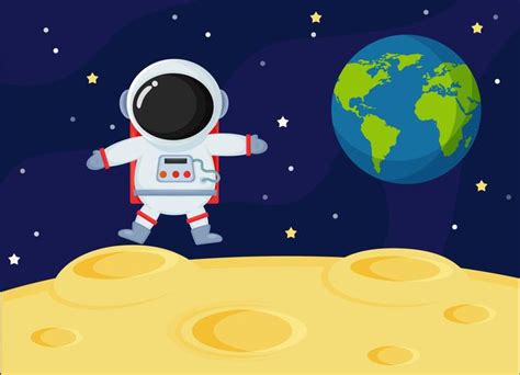 Cute cartoon space astronauts explore the earth's moon surface. 593776 ...