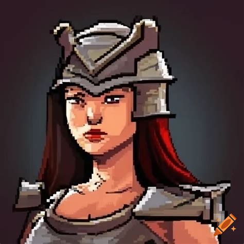 Close-up portrait of asian female medieval soldier in pixelated style ...
