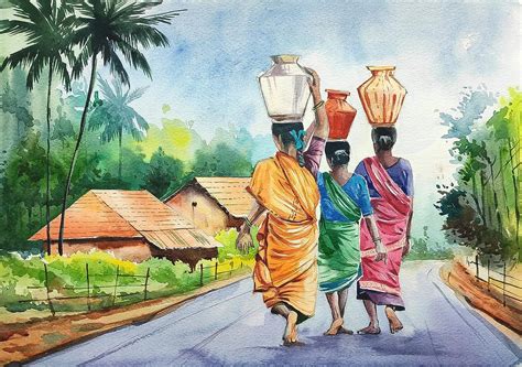 Watercolor painting on handmade paper, Indian Village Life : Girish: Amazon.in: Collectibles ...