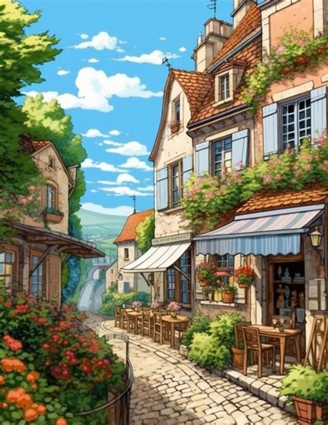 Premium AI Image | a painting of a street with a cafe and flowers on ...