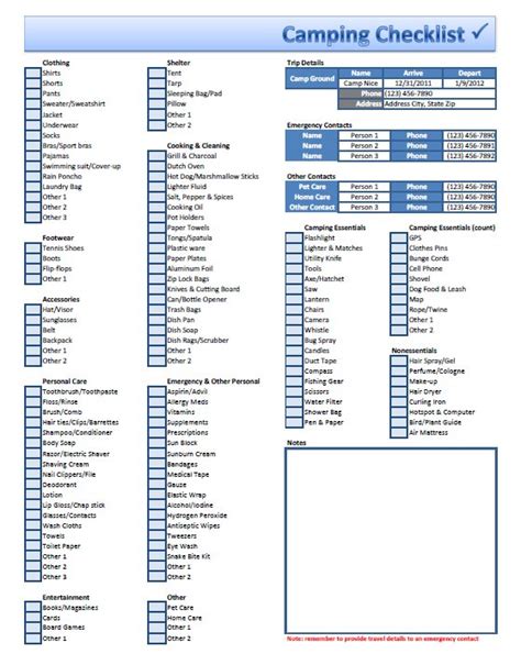 Free Excel Camping Checklist Template Download