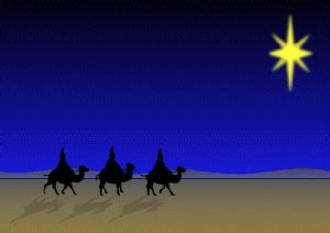 the three wise men are riding their camels through the desert at night ...