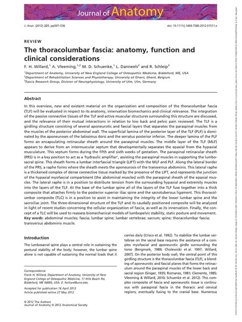 Journal of Anatomy - 2012 - Willard - The Thoracolumbar Fascia Anatomy Function and Clinical ...