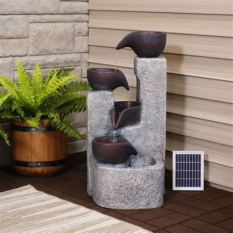 Sunnydaze Outdoor Solar Fountain with Battery Backup - Aged Tiered Vessels Outside Patio and ...