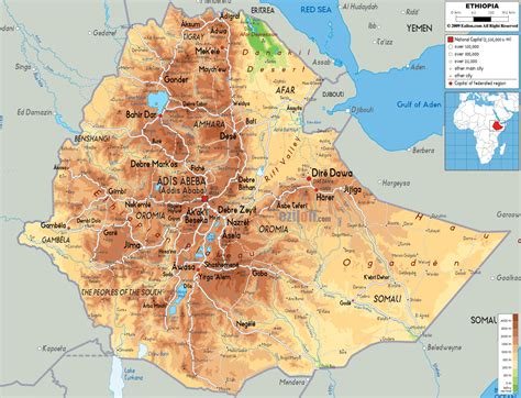 Large detailed physical map of Ethiopia with all roads, cities and ...