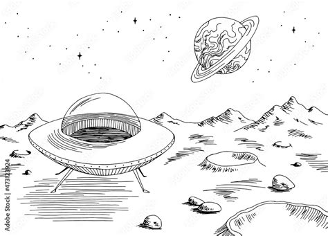 Alien planet graphic UFO flyer spaceship landed black white space landscape sketch illustration ...