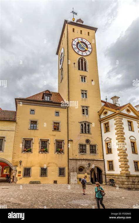 The clock tower of the Old Town Hall, Altes Rathaus, Regensburg ...