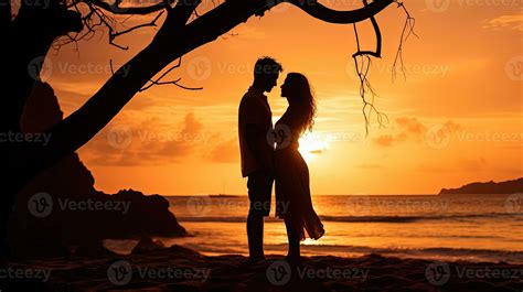 Beach sunset creates romantic silhouette of couple 27597011 Stock Photo ...