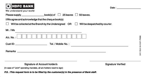 Free HDFC India Cheque Book Request Form | PDF Template | Form Download